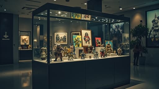 다양한 수집품이 진열된 세련된 유리 진열장이 있습니다. 빈티지 장난감, 예술 작품 및 장식 아이템이 포함되어 있습니다. 진열장은 부드러운 LED 조명으로 비춰져 각 아이템의 섬세한 디테일을 강조합니다. 배경은 미니멀한 장식으로 꾸며진 현대적인 쇼룸을 특징으로 하여 우아한 분위기를 연출합니다.