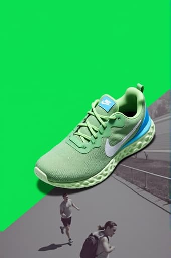 나이키 리액트 2 러닝화 한 쌍이 도시와 자연이 어우러진 러닝 트레일에서 강조되어 보여지고 있습니다. 신발은 매끄러운 디자인과 생동감 있는 색상을 보여주는 역동적인 각도로 배치되어 있으며, 배경에는 움직이는 러너들이 있습니다.