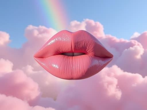 립 틴트, 유리 같은 질감, 무지개가 뜬 하늘, 경쾌하고 생동감 있는.