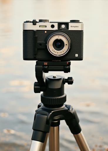 튼튼한 삼각대에 장착된 세련된 카메라가 고요한 호숫가의 숨막히는 일몰 풍경을 배경으로 놓여 있습니다. 하늘의 따뜻한 색조가 물에 아름답게 반사되어 평화로운 분위기를 자아내며, 사진작가들이 완벽한 순간을 포착하도록 초대합니다. 카메라의 특징이 강조되어 전문적인 디자인과 기능성이 드러납니다.