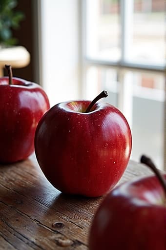 두 개의 신선하고 광택이 나는 빨간 사과가 자연광에 부드럽게 비춰지는 시골 스타일의 나무 테이블 위에 놓여 있습니다. 사과의 생생한 색상이 따뜻한 나무의 톤과 대비를 이루어, 건강하고 매력적인 장면을 만들어냅니다.