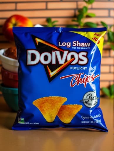 밝고 매력적인 주방 풍경으로, 햇살이 비치는 조리대 위에 바삭바삭한 감자칩이 담긴 봉지가 놓여 있습니다. 봉지가 열려 있고, 감자칩이 표면에 흩어져 있으며, 주변에는 다양한 색깔의 딥이 담긴 작은 그릇들이 있습니다. 햇빛이 따뜻한 분위기를 만들어내어 장면을 생기있고 유혹적으로 만듭니다.