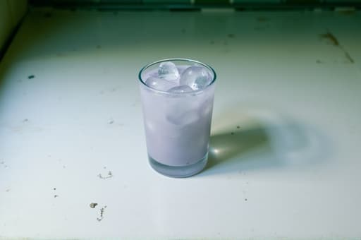 맑은 유리잔에 반짝이는 얼음 조각이 가득 담겨 있으며, 근처 창문에서 들어오는 부드러운 자연광으로 조명된 rustic 나무 테이블 위에 놓여 있습니다. 따뜻하고 초대하는 분위기로 아늑한 주방 환경을 암시합니다.