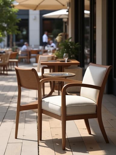 고급 레스토랑 테라스에 있는 세련된 나무와 원단 디자인의 의자.