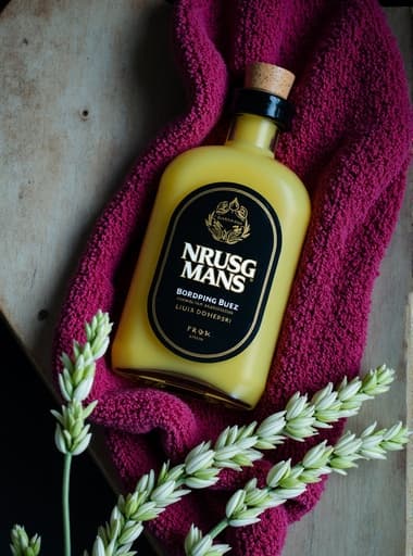 맑은 유리병에 생기 있는 색상의 액체가 우아하게 최소한의 나무 테이블 위에 놓여 있습니다. 부드러운 자연광이 장면을 비추어 평화로운 분위기를 만들어냅니다. 병에는 아름답게 디자인된 라벨이 붙어 있고, 마개로 장식되어 매력을 더합니다. 배경에는 초록색 식물들이 은은하게 드러나 상쾌한 느낌을 줍니다.