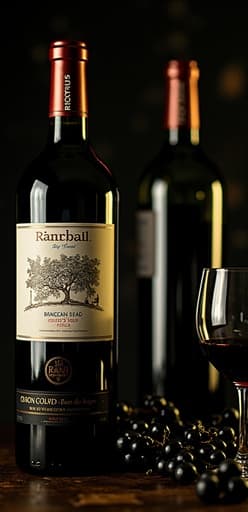 우아한 레드 와인 한 병이 아늑한 조명이 비치는 셀러의 rustic 나무 테이블 위에 놓여 있습니다. 복잡한 라벨 디자인이 부드럽게 빛나며, 주변에는 흩어진 포도덩굴과 와인 잔들이 있어 편안하고 초대하는 분위기를 연출하고 있습니다.