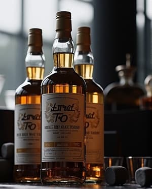 세련되게 제작된 유리 Whisky 병이 잘 다듬어진 나무 바에 우아하게 서 있으며, 따뜻하고 부드러운 조명 속에서 풍부한 호박색 액체가 반짝이고 있습니다. 복잡한 라벨 디자인은 고급스러운 브랜드를 보여주며, 그 근처에는 몇 개의 Whisky 잔과 Whisky 스톤이 배치되어 있어 매력적인 분위기를 더합니다.