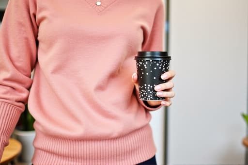 한 여성이 아늑한 카페에서 우아한 세라믹 커피 컵을 들고 있습니다. 부드러운 조명과 나무 테이블이 따뜻한 분위기를 만들어주고, 녹색 식물이 자연의 느낌을 더해줍니다. 여인은 음료를 즐기며 평화로운 표정을 짓고 있어 여유로운 순간을 표현하고 있습니다.