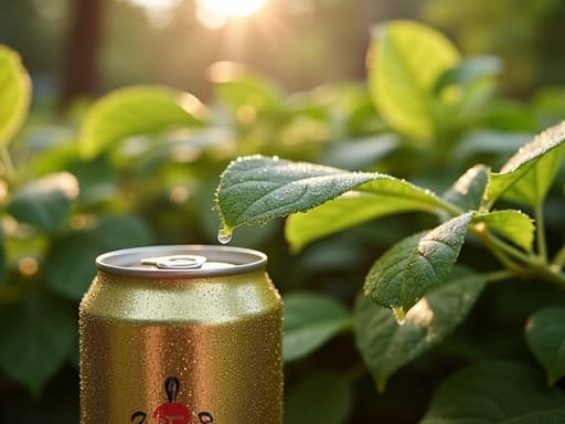 이슬 맺힌 음료 캔이 아침 빛과 함께 있는 푸른 정원 배경에서 따뜻하고 매력적인 분위기를 만들어냅니다.
