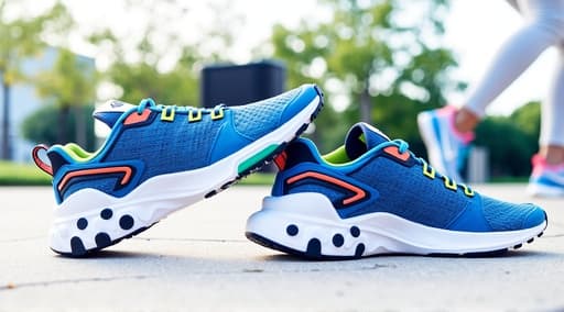 생동감 넘치는 파란색 나이키 리액트 운동화 한 켤레가 도시 공원의 부드러운 러닝 트레일 위에 돋보이도록 전시되어 있습니다. 신발은 가벼운 디자인과 통기성이 좋은 메시 갑피를 자랑하며, 햇빛이 따뜻한 빛을 비추고 있습니다. 배경에는 푸르른 나무와 맑은 파란 하늘이 있어 야외 활동에 이상적인 에너제틱하고 상쾌한 분위기를 강조합니다.