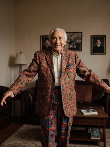 이 이미지는 80대의 백인 남성이 전통 의상을 입고, 편안한 표정으로 전통 춤을 추기 위해 서 있는 모습이 담긴 것입니다. 아늑한 거실 배경과 함께 따뜻하고 초대하는 분위기를 연출하고 있습니다.