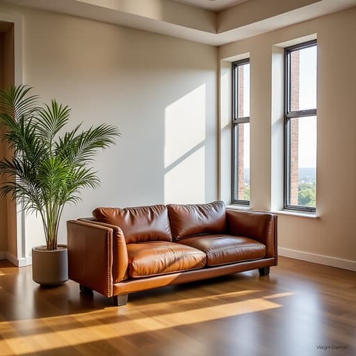 소파, 가구, 밝은 실내 공간과 자연광, 따뜻하고 초대하는