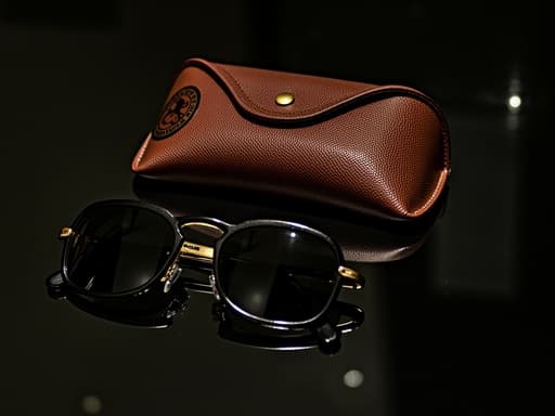 이미지에는 세련된 디자인의 선글라스가 부드러운 촉감의 보호 케이스 옆에 광택이 나는 검은 표면 위에 놓여 있습니다. 선글라스는 UV 차단과 경량 구조를 강조하는 세련된 디자인을 특징으로 합니다. 부드러운 조명이 부드러운 반사를 만들어내며 전체적인 우아함을 강조합니다.