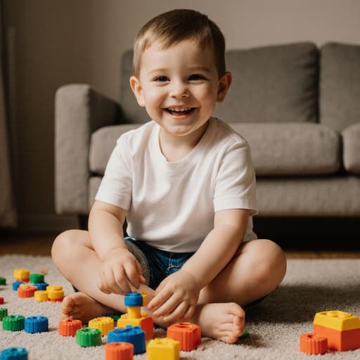 순수한 외모의 7세 유럽계 남자아이가 아늑한 거실 바닥에 앉아 장난감에 둘러싸여 있습니다. 그는 편안한 티셔츠와 반바지를 입고, 장난감과 함께 놀며 순수한 미소를 지으며 행복한 어린 시절의 본질을 포착합니다.