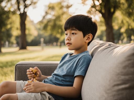 7세 혼혈 남자아이가 공원 소파에 앉아 편안한 티셔츠와 반바지를 입고 있습니다. 그는 음식을 들고 지루한 표정을 지으며 손가락으로 소파를 치며 멍하니 바라보고 있습니다. 배경에는 따뜻한 햇살이 비치는 나무들이 있어 아늑하고 평화로운 분위기를 자아냅니다.