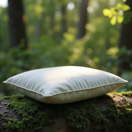 이슬이 맺힌 이끼-covered 통나무 위의 선크림 쿠션, 흐릿한 초록색 잎사귀들로 둘러싸여 있으며, 차분하고 상쾌한 분위기를 조성합니다.