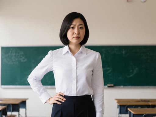 30대 아시아계 여성이 깔끔한 블라우스와 슬랙스를 착용하고 허리에 한 손을 얹고 다른 손으로 인사하는 자세를 취하며 약간 짜증난 표정을 짓고 있는 모습을 교실 내부의 칠판과 책상이 배치된 공간에서 촬영한 반신 사진.