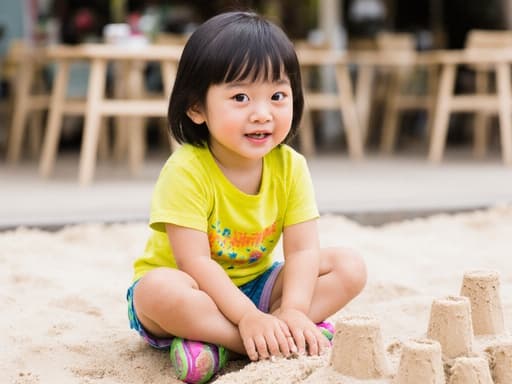 밝은 색상의 티셔츠와 반바지를 입고, 귀엽고 순수한 외모를 가진 3세 동양인 여아의 반신 샷. 카페의 야외 테라스에서 모래성을 쌓기를 기다리며 가슴 앞에 두 손을 모은 모습으로, 배경에는 아이들을 위한 모래놀이 공간이 마련되어 있어 즐거운 화창한 분위기를 담고 있습니다.