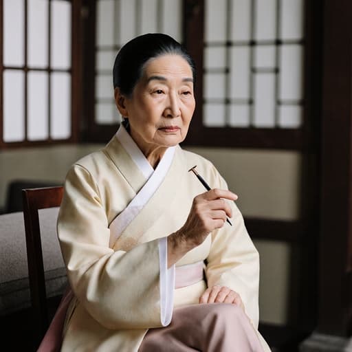 부드러운 파스텔 톤의 한복을 입은 80대 한국인 여성이 전통 공예 도구를 손에 들고 무관심한 표정을 지으며 아늑한 카페에 앉아 있는 반신 촬영. 이 카페는 전통과 현대가 조화를 이루고 있습니다.