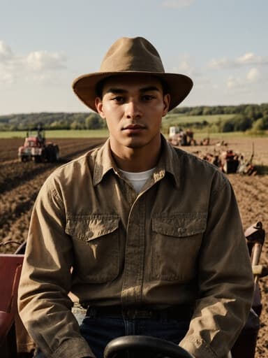 농부 스타일의 작업복을 입고 농기계를 조작하고 있는 혼혈 남성의 반신 사진으로, 차가운 표정으로 집중하는 모습이 아름다운 농장 풍경과 어우러져 있습니다.