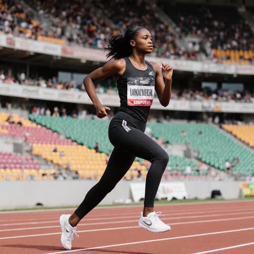 운동복을 입고 있는 아프리카계 소녀의 반신 사진으로, 에너지를 내며 달리고 있지만 의기소침한 표정을 짓고 있는 모습이 스포츠 경기장 배경에서 촬영되었습니다. 관중석과 트랙이 보이는 활기찬 분위기를 자아냅니다.