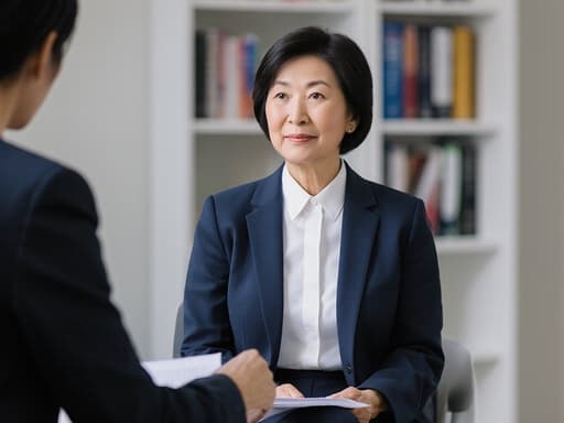 60대 동양인 여성의 반신 사진으로, 깔끔한 블라우스와 정장 바지를 입고 크로스 레그로 앉아 수업 자료를 자신감 있게 들고 있는 모습이 모던한 교육 공간의 책장 배경과 함께 담겨 있습니다.