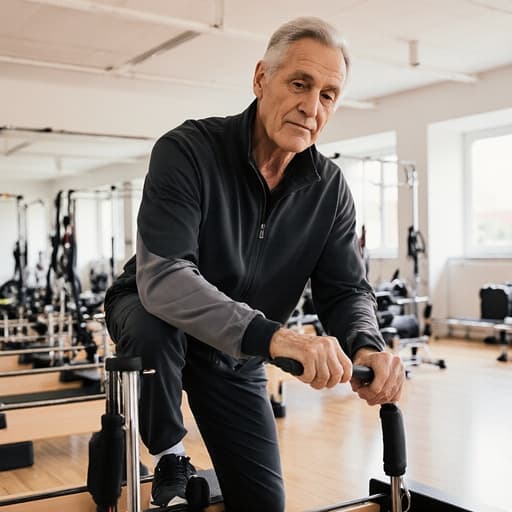 건강한 외모를 지닌 50대 유럽계 남성이 다양한 운동 기구로 가득한 밝은 실내 필라테스 스튜디오에서 필라테스 기구를 사용하며 자신감 넘치는 모습으로 반신 촬영되었습니다. 그는 편안한 운동복과 운동화를 착용하고 있으며, 몸을 조절하는 자세에서 긍정적인 표정을 지어 자신감을 표현하고 있습니다.