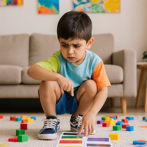 아늑한 거실에서 색깔 카드를 가리키며 짜증나는 표정을 짓고 있는 3세 중동계 남자아이의 반신 사진. 벽에는 다채로운 장식과 장난감들이 흩어져 있다.