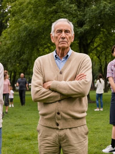 70대의 혼혈 남성이 푸른 공원에서 편안한 카디건과 면바지를 입고 팔짱을 낀 채 불편한 표정을 지으며 주변 사람들을 기다리고 있는 모습, 가족 모임을 위해 모여드는 사람들로 활기찬 분위기가 느껴진다.