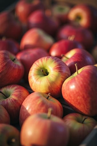 생기 넘치는 신선한 사과들이 반질반질한 빨간색과 초록색 껍질을 보여주며, 오래된 나무 테이블 위에 쌓여 있습니다. 부드러운 자연광이 근처 창문을 통해 비추며 사과의 신선한 모습을 강조하고, 주방에 따뜻하고 매력적인 분위기를 만들어냅니다.