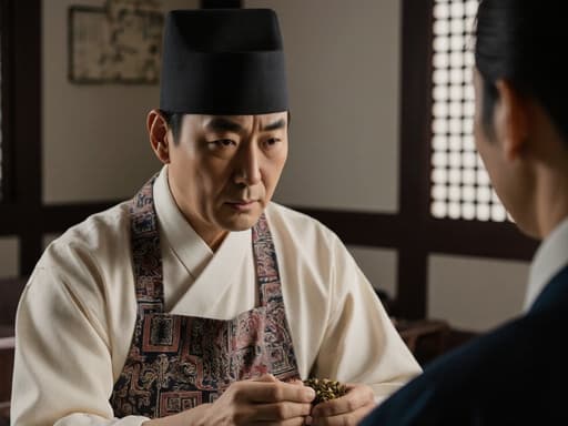 전통 한복과 세련된 앞치마를 입은 40대 한국인 남성이 한의원 대기실에서 약재를 다루며 피곤하지만 집중하는 모습으로, 전문성과 전통이 조화를 이루는 장면입니다.