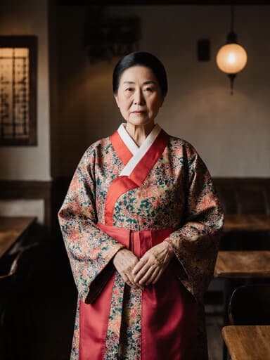70대 혼혈 여성 모델이 화려한 전통 한복을 입고 아늑한 카페 안에 서 있는 전신 사진. 그녀는 외로운 표정을 지으며 깊은 생각에 잠긴 듯 손을 살짝 펼쳐 춤의 동작을 상상하는 모습으로, 전통의 아름다움과 내성적인 분위기가 어우러진 장면을 연출하고 있습니다.