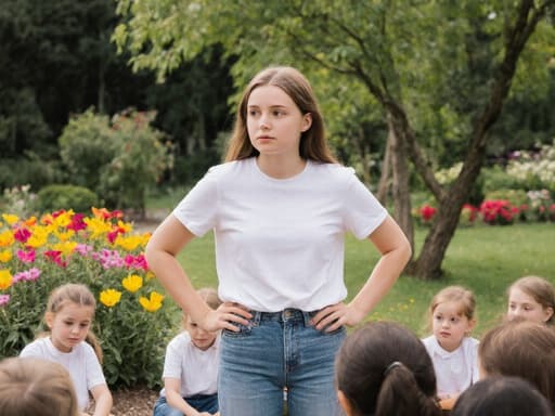 유치원 정원에 서 있는 10대 초반의 백인 소녀가 편안한 티셔츠와 청바지를 입고 자신감 있게 학생들을 바라보고 있습니다. 그녀의 손은 허리에 얹혀 있고, 화려한 꽃과 나무들이 있는 주변 환경이 즐거운 분위기를 만들어냅니다.