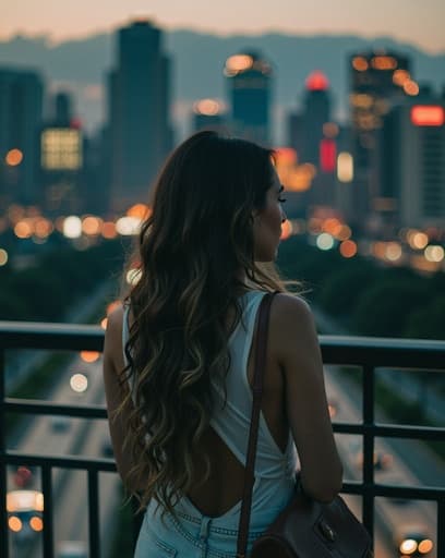 한 여성이 다리 위에 우아하게 서서 아래의 활기찬 도시를 사색하며 바라보고 있다. 태양이 스카이라인 위에 따뜻한 빛을 비추어 건축물의 아름다움과 도시의 분주한 삶을 강조한다.