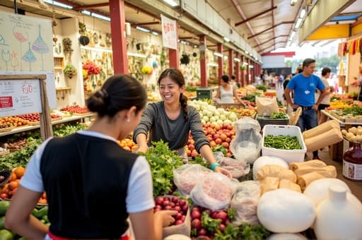 한 여성이 다채로운 야외 시장에 서 있습니다. 신선한 과일, 채소, 수제 상품으로 가득 찬 활기찬 가판대에 둘러싸여 있습니다. 태양이 밝게 비추어 생동감 넘치는 분위기를 더합니다. 그녀는 신선한 농산물을 살펴보며 미소를 짓고 있어, 지역 경제를 지지하고 쇼핑의 기쁨을 나타냅니다.