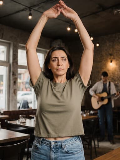 40대 라틴계 여성이 편안한 티셔츠와 청바지를 입고 걱정스러운 표정으로 팔을 쭉 뻗고 있는 반신 사진입니다. 배경은 음악 공연을 준비하는 아늑한 카페 내부로, 테이블과 의자가 배치되어 있어 따뜻하면서도 긴장감이 감도는 분위기를 연출합니다.
