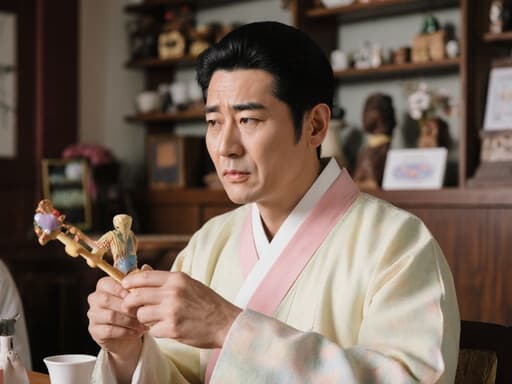 70대 혼혈 남성이 부드러운 파스텔 톤의 전통 한복을 입고, 손에 전통 놀이 도구를 들고 그것을 바라보며 걱정스러운 표정을 지은 모습의 반신 사진. 아늑한 카페 배경에는 전통 놀이 관련 소품들이 놓여 있다.