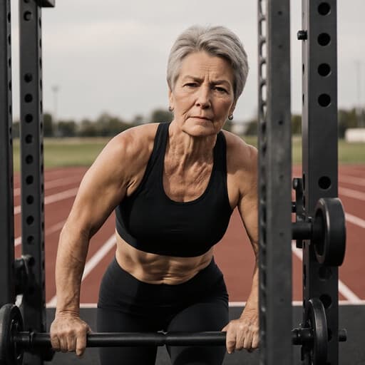 40대 백인 여성의 반신 사진으로, 자연스러운 외모를 가진 모델이 스타일리시한 운동복과 트레이닝 슈즈를 착용하고 있습니다. 그녀는 피곤하지만 결단력 있는 표정을 지으며 운동 기구를 조작하는 데 집중하고 있습니다. 배경은 그녀가 훈련 중인 트랙으로, 피트니스에 대한 헌신을 강조하며, 자연광이 순간의 색상과 생동감을 돋보이게 합니다.