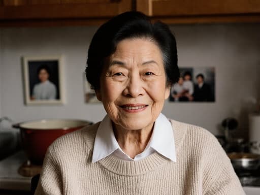70대 한국인 여성이 편안한 블라우스와 니트 스웨터를 입고 따뜻한 미소를 지으며 가족 사진이 걸린 아늑한 주방에 앉아 있는 모습의 반신 촬영, 가족의 사랑과 함께하는 느낌을 불러일으킵니다.