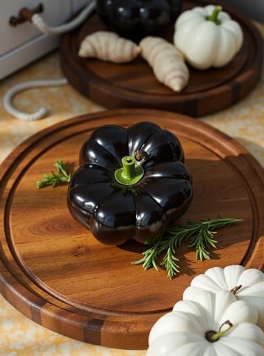 아름답게 제작된 나무 도마가 대리석 주방 조리대 위에 놓여 있으며, 신선한 채소와 허브가 주위를 둘러싸고 있습니다. 나무의 자연스러운 결이 부드럽고 따뜻한 조명 아래에서 빛나며 아늑한 분위기를 만들어냅니다. 배경의 주방은 현대적이고 밝으며 자연광으로 가득 차 있어 도마의 우아함과 기능성을 강조합니다.