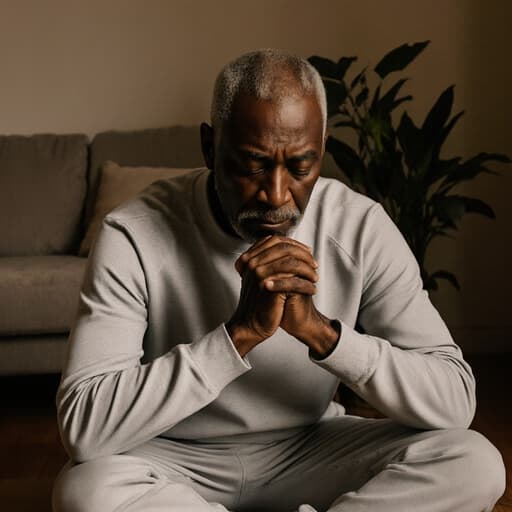 70대 흑인 남성이 편안한 트레이닝 복과 운동화를 착용하고 깊은 생각에 잠긴 모습을 담은 중간 샷입니다. 그는 자연스러운 외모로 아늑한 거실에 앉아 있으며, 부드러운 조명과 초록 식물로 둘러싸여 있습니다. 그의 표정은 슬픔이 가득하고, 두 손을 모으고 고개를 약간 숙인 채 명상하는 자세를 취하고 있습니다. 소파가 있는 따뜻한 분위기의 방은 그의 사색적인 감정을 더욱 잘 전달하고 있습니다.