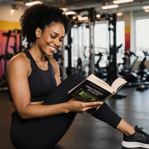 30대의 자연스러운 외모를 가진 흑인 여성이 편안한 운동복과 운동화를 입고 헬스장에서 건강 관련 책을 읽고 있는 반신 사진. 그녀는 편안한 표정을 지으며 다양한 운동 기구들과 밝은 조명이 있는 활기찬 환경에서 피트니스와 웰빙에 대한 관심을 보여주고 있습니다.