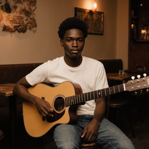 자신감 넘치는 10대 초반 흑인 남성이 편안한 티셔츠와 청바지를 입고 아늑한 카페에 앉아 기타를 들고 있습니다. 따뜻한 분위기의 카페 내부와 초대하는 듯한 벽과 테이블들이 그의 자연스러운 자세를 보완하여 매력적이고 편안한 장면을 만듭니다.