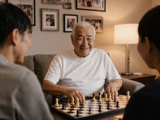 이 이미지는 80대의 아시아계 남성이 티셔츠와 바지를 입고 소파에 앉아 가족과 함께 보드게임을 하며 행복한 표정을 짓고 있는 모습을 담고 있습니다. 따뜻한 조명과 가족 사진으로 장식된 아늑한 거실에서, 함께하는 기쁨과 행복의 본질을 포착하고 있습니다.