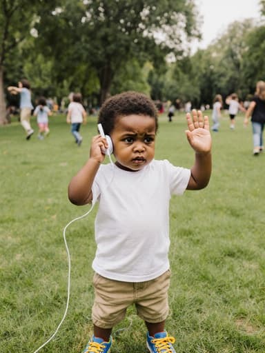 자연스러운 외모를 가진 3세 흑인 남성이 한 손으로 귀에 이어폰을 꽂으며 불안한 표정을 짓고 있는 반신 사진. 편안한 티셔츠와 밝은 색상의 운동화를 착용하고 있으며, 배경은 푸른 잔디와 나무가 있는 공원으로 다른 아이들이 놀고 있는 모습이 보입니다. 생동감 넘치는 분위기를 연출하고 있습니다.