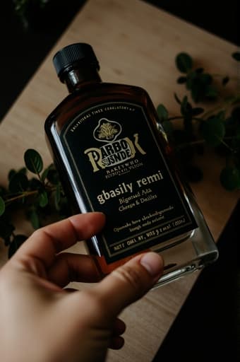 선명한 유리병에 생동감 넘치는 색상의 액체가 담겨 있으며, 부드럽게 밝은 주방 조리대 위에 놓여 있습니다. 병의 우아한 라벨이 자연광을 반사하며, 흐릿한 배경에는 약간의 녹음이 보이면서 신선하고 초대하는 분위기를 만들어냅니다.