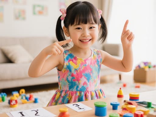 이 이미지는 장난감으로 가득한 아늑한 거실에서 화려한 숫자 카드와 함께 즐겁게 활동하고 있는 어린 아시아 소녀의 기분 좋은 장면을 담고 있으며, 행복과 놀이 학습의 느낌을 전달합니다.
