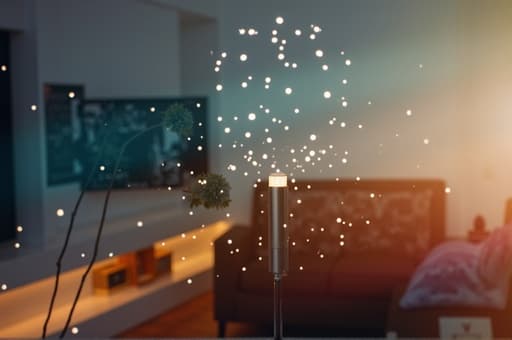 현대적인 거실에서 우아한 LED 조명이 따뜻한 빛을 발산하며, 흐릿한 빛 효과가 편안한 분위기를 자아냅니다. 방은 세련되게 꾸며져 전체적인 미감을 높이고 있습니다.