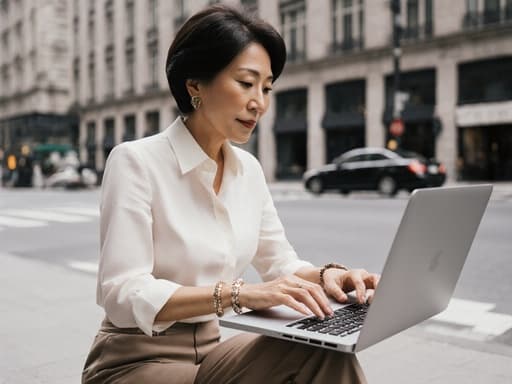 50대 아시아계 여성의 반신 사진으로, 세련된 블라우스와 팬츠를 입고 자신감 있게 노트북을 사용하며 도시의 세련된 거리 배경에서 촬영된 모습입니다.