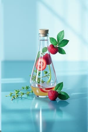 생동감 있는 액체로 가득 찬 아름답게 제작된 유리병이 부드러운 초점의 주방 조리대 위에 놓여 있습니다. 자연광이 병의 우아한 디자인과 내부의 다채로운 액체를 강조하며, 신선한 과일과 허브가 주변에 있어 상쾌하고 초대하는 분위기를 더합니다.